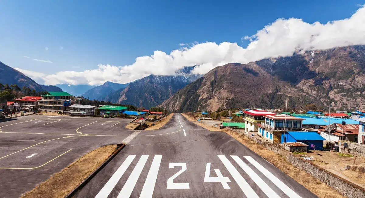 Lukla Airport in Nepal, gateway to the Everest region and helicopter flights to Lukla